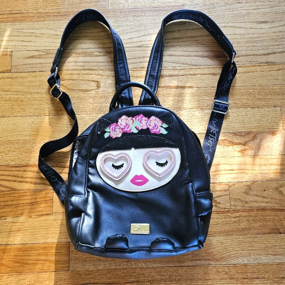 Luv Betsey By Betsey Johnson Black Backpack Cute Girl Wearing Glasses Floral
